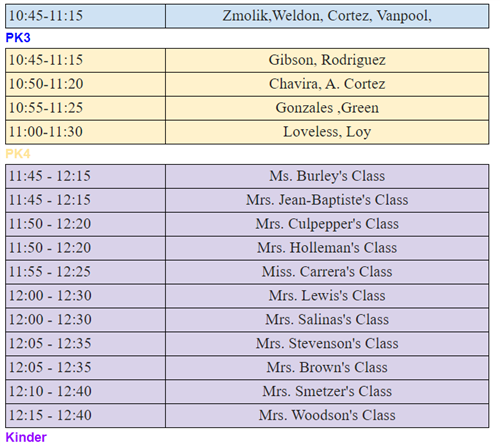 Carver ECC Lunch Schedule for the 2023 to 2024 School Year